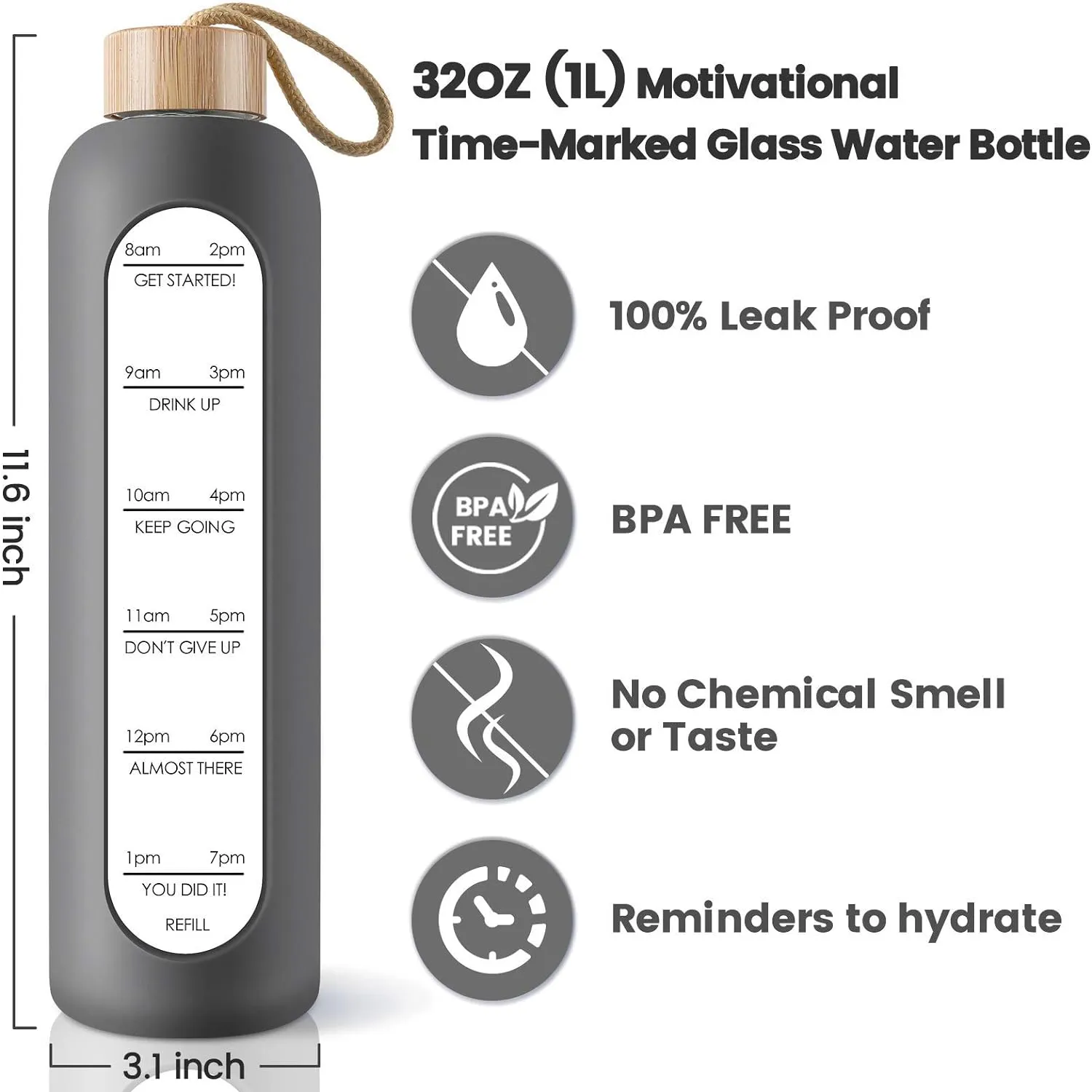 PROBTTL Borosilicate Glass Water Bottle with Time Marker Reminder Quotes, 1 Liter Leak Proof Reusable BPA Free Motivational Water Bottles with Silicone Sleeve and Bamboo Lid