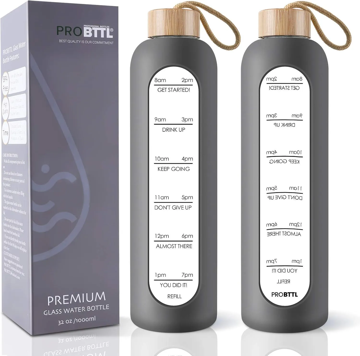 PROBTTL Borosilicate Glass Water Bottle with Time Marker Reminder Quotes, 1 Liter Leak Proof Reusable BPA Free Motivational Water Bottles with Silicone Sleeve and Bamboo Lid