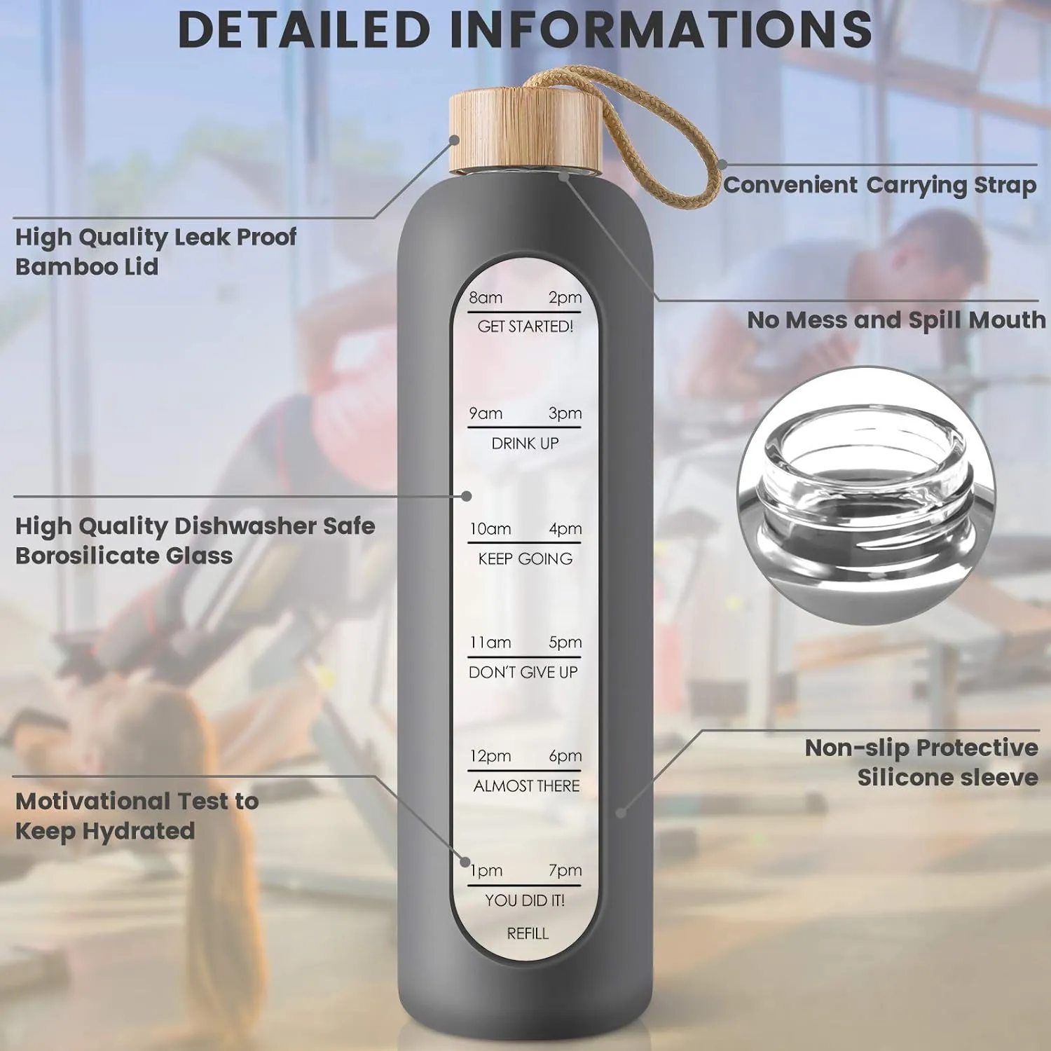 PROBTTL Borosilicate Glass Water Bottle with Time Marker Reminder Quotes, 1 Liter Leak Proof Reusable BPA Free Motivational Water Bottles with Silicone Sleeve and Bamboo Lid