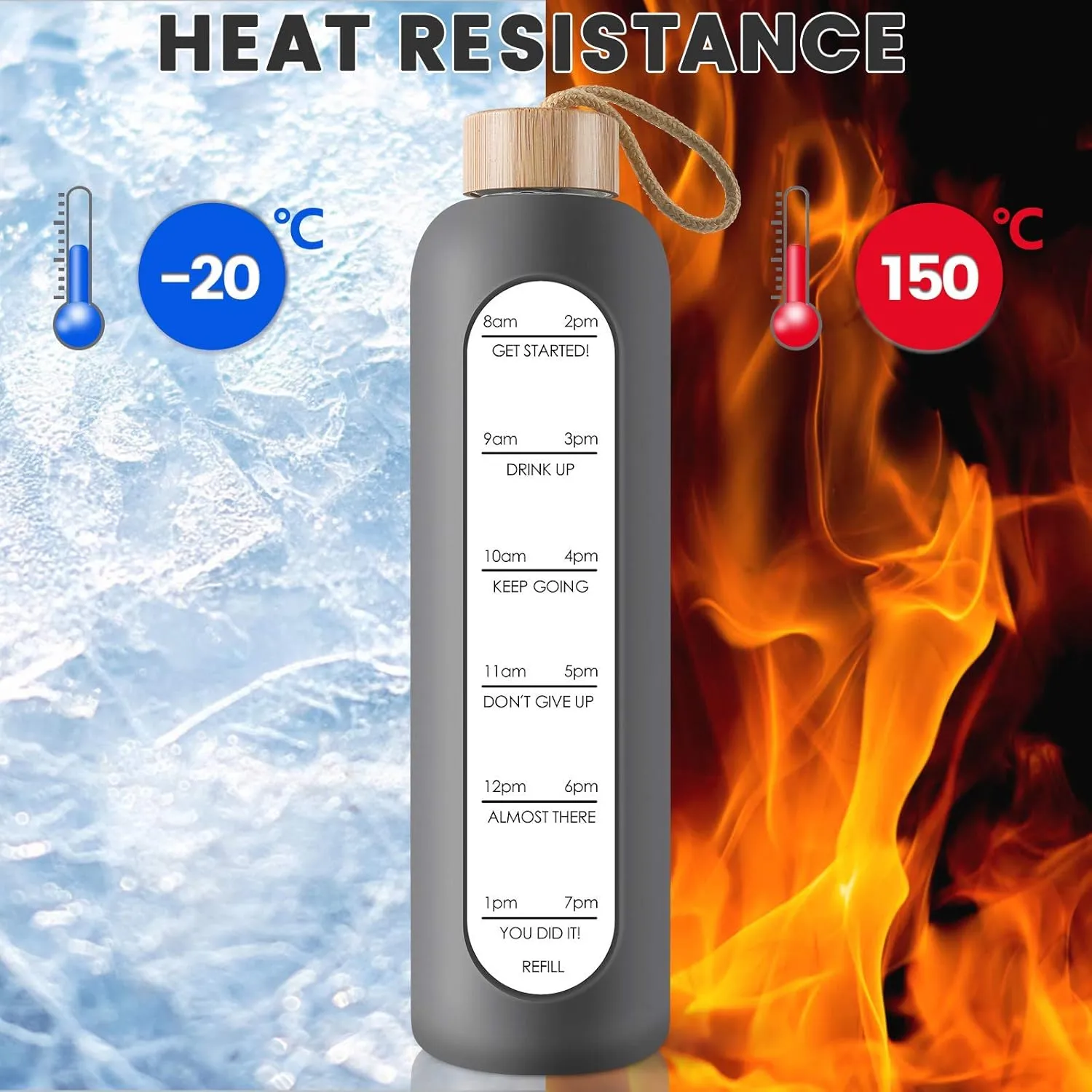 PROBTTL Borosilicate Glass Water Bottle with Time Marker Reminder Quotes, 1 Liter Leak Proof Reusable BPA Free Motivational Water Bottles with Silicone Sleeve and Bamboo Lid