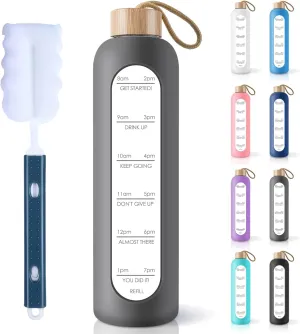 PROBTTL Borosilicate Glass Water Bottle with Time Marker Reminder Quotes, 1 Liter Leak Proof Reusable BPA Free Motivational Water Bottles with Silicone Sleeve and Bamboo Lid
