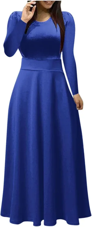Prom Dresses for Women Plain Long Sleeve Ruffle Swing Dress Causal Elegant Elastic Waist Crewneck Fall Winter Dresses