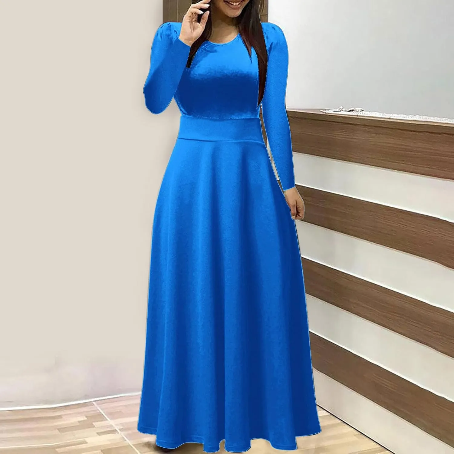 Prom Dresses for Women Plain Long Sleeve Ruffle Swing Dress Causal Elegant Elastic Waist Crewneck Fall Winter Dresses