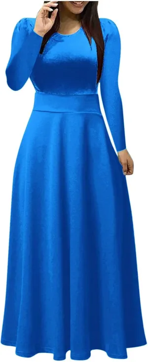 Prom Dresses for Women Plain Long Sleeve Ruffle Swing Dress Causal Elegant Elastic Waist Crewneck Fall Winter Dresses