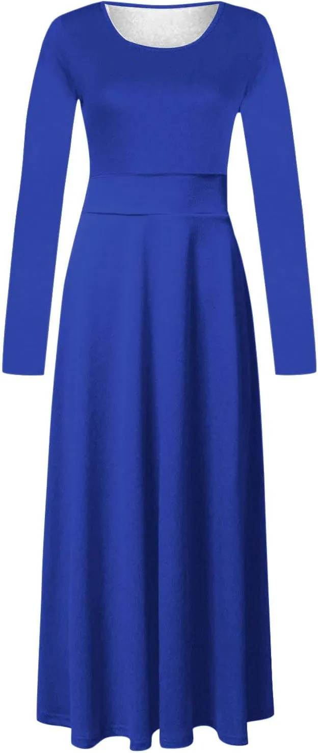 Prom Dresses for Women Plain Long Sleeve Ruffle Swing Dress Causal Elegant Elastic Waist Crewneck Fall Winter Dresses