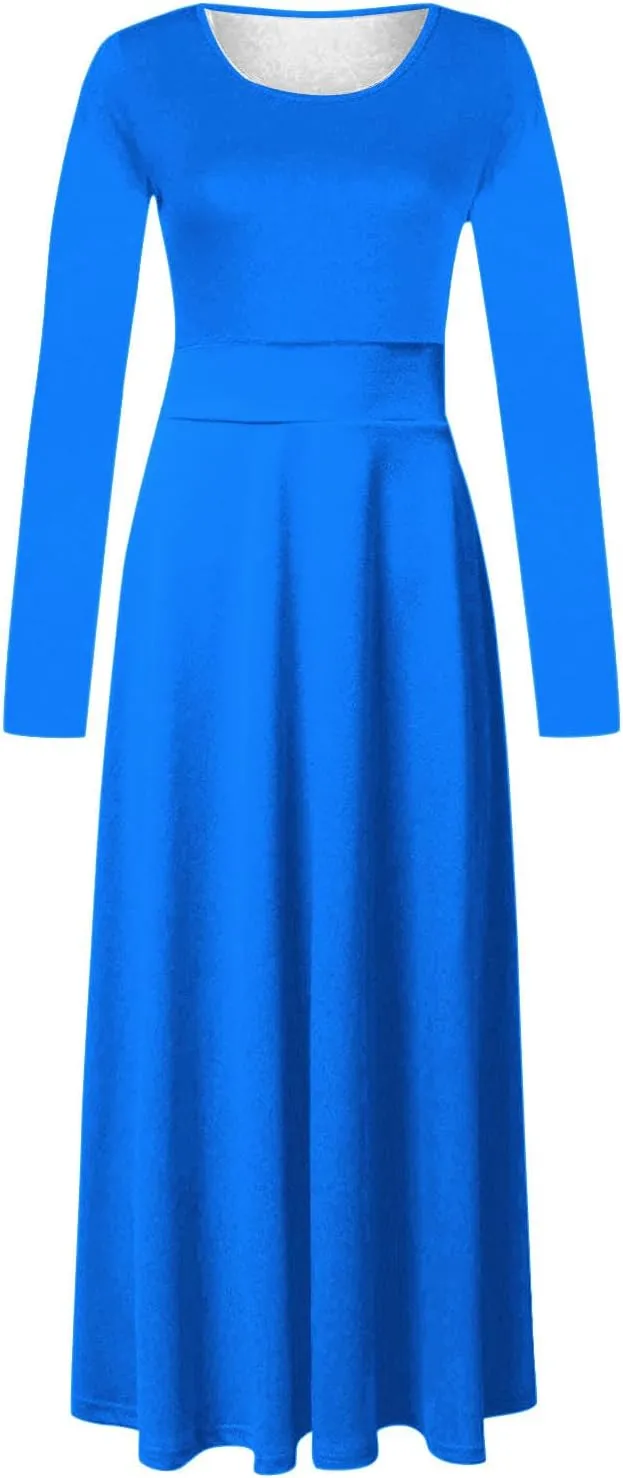 Prom Dresses for Women Plain Long Sleeve Ruffle Swing Dress Causal Elegant Elastic Waist Crewneck Fall Winter Dresses