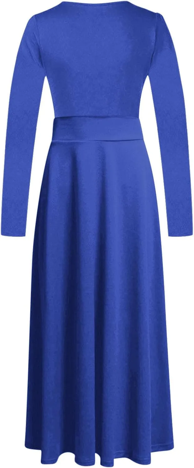 Prom Dresses for Women Plain Long Sleeve Ruffle Swing Dress Causal Elegant Elastic Waist Crewneck Fall Winter Dresses