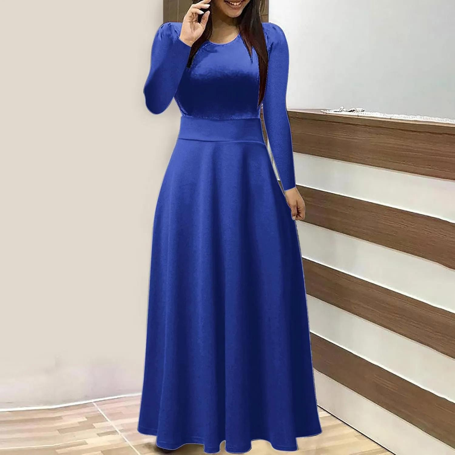 Prom Dresses for Women Plain Long Sleeve Ruffle Swing Dress Causal Elegant Elastic Waist Crewneck Fall Winter Dresses