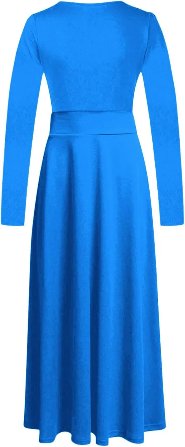 Prom Dresses for Women Plain Long Sleeve Ruffle Swing Dress Causal Elegant Elastic Waist Crewneck Fall Winter Dresses