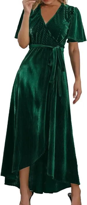 PTOLOCIF Women's Plus Size Maxi Dress, Black Velvet V-Neck Wrap Summer Cocktail Party Dress with Belt