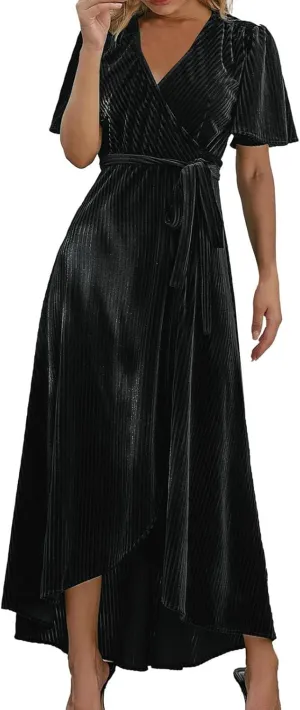 PTOLOCIF Women's Plus Size Maxi Dress, Black Velvet V-Neck Wrap Summer Cocktail Party Dress with Belt
