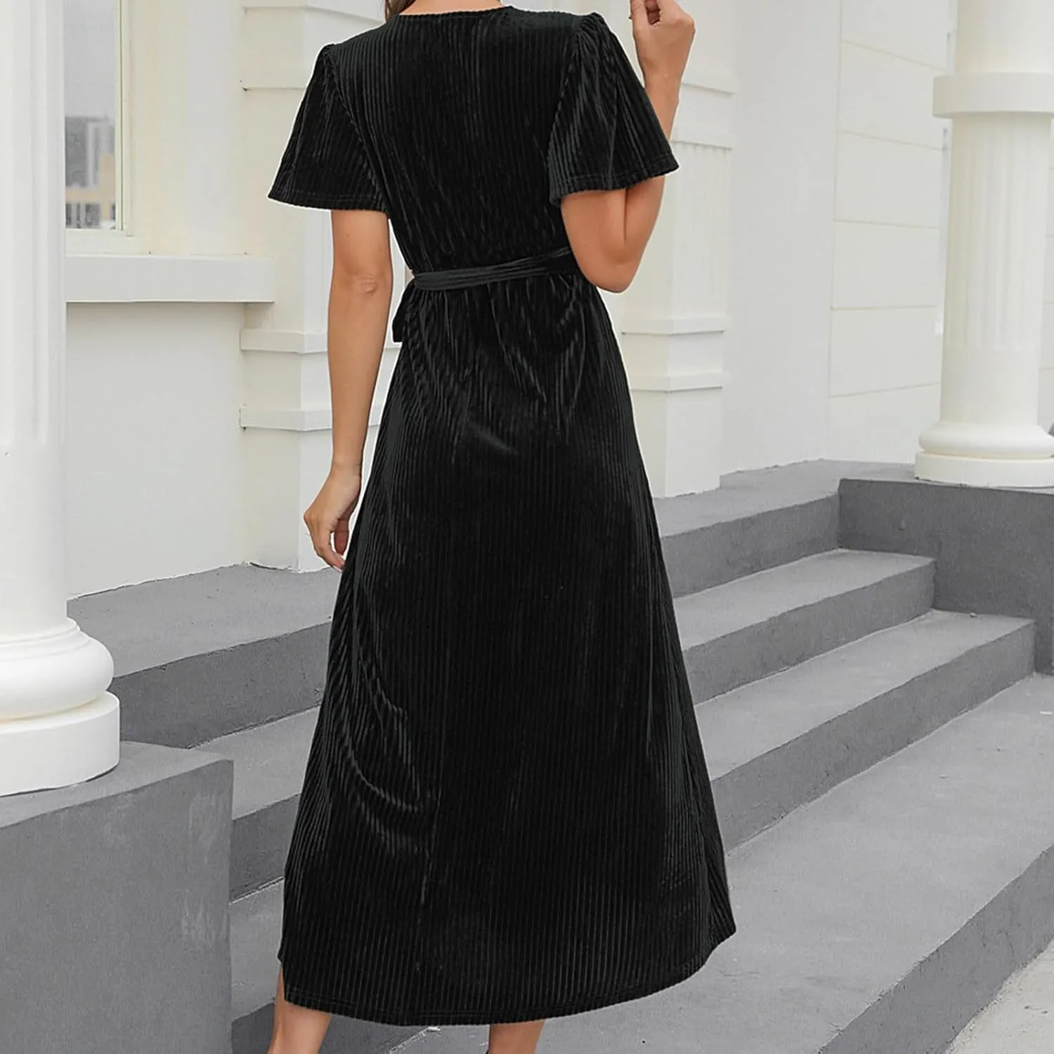 PTOLOCIF Women's Plus Size Maxi Dress, Black Velvet V-Neck Wrap Summer Cocktail Party Dress with Belt