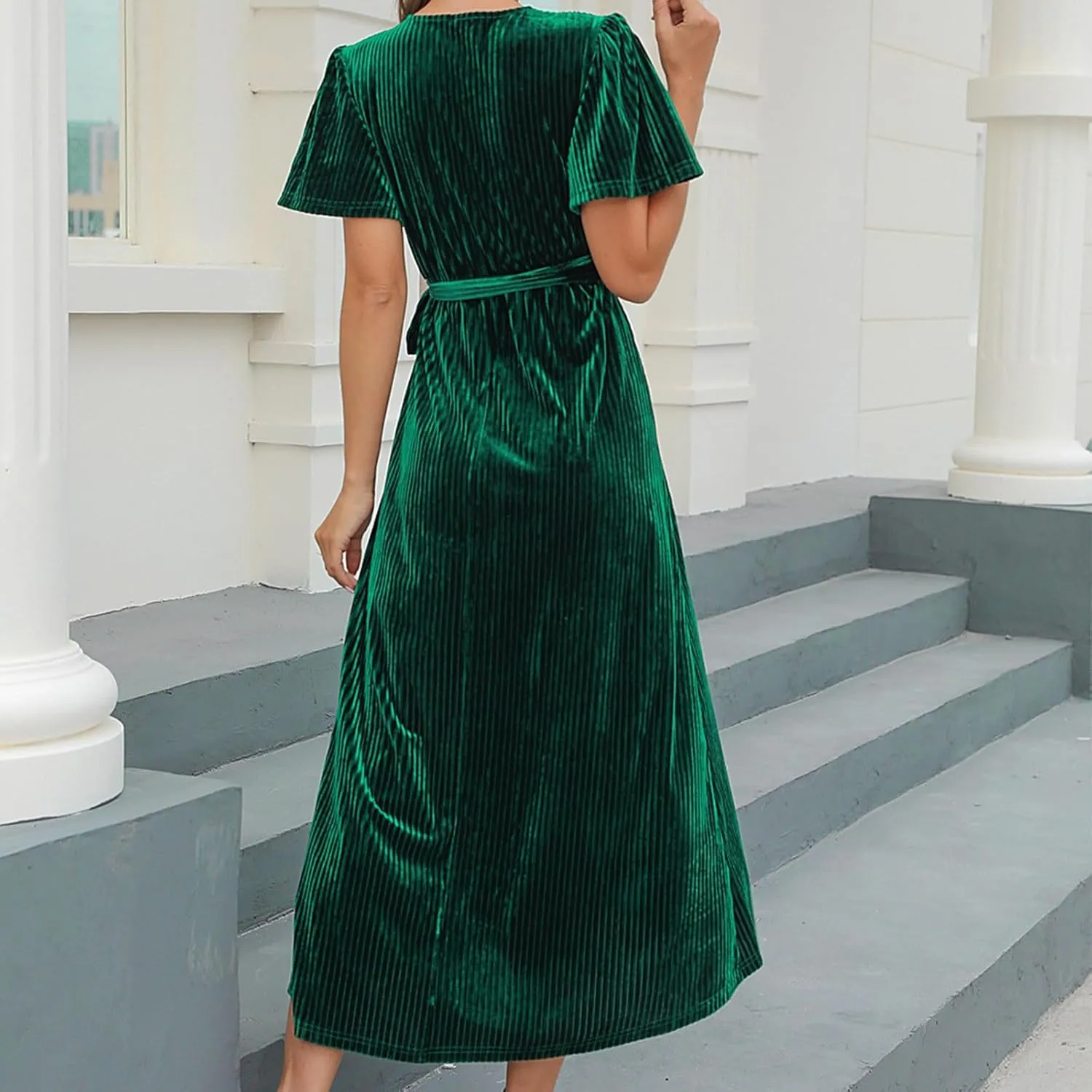 PTOLOCIF Women's Plus Size Maxi Dress, Black Velvet V-Neck Wrap Summer Cocktail Party Dress with Belt