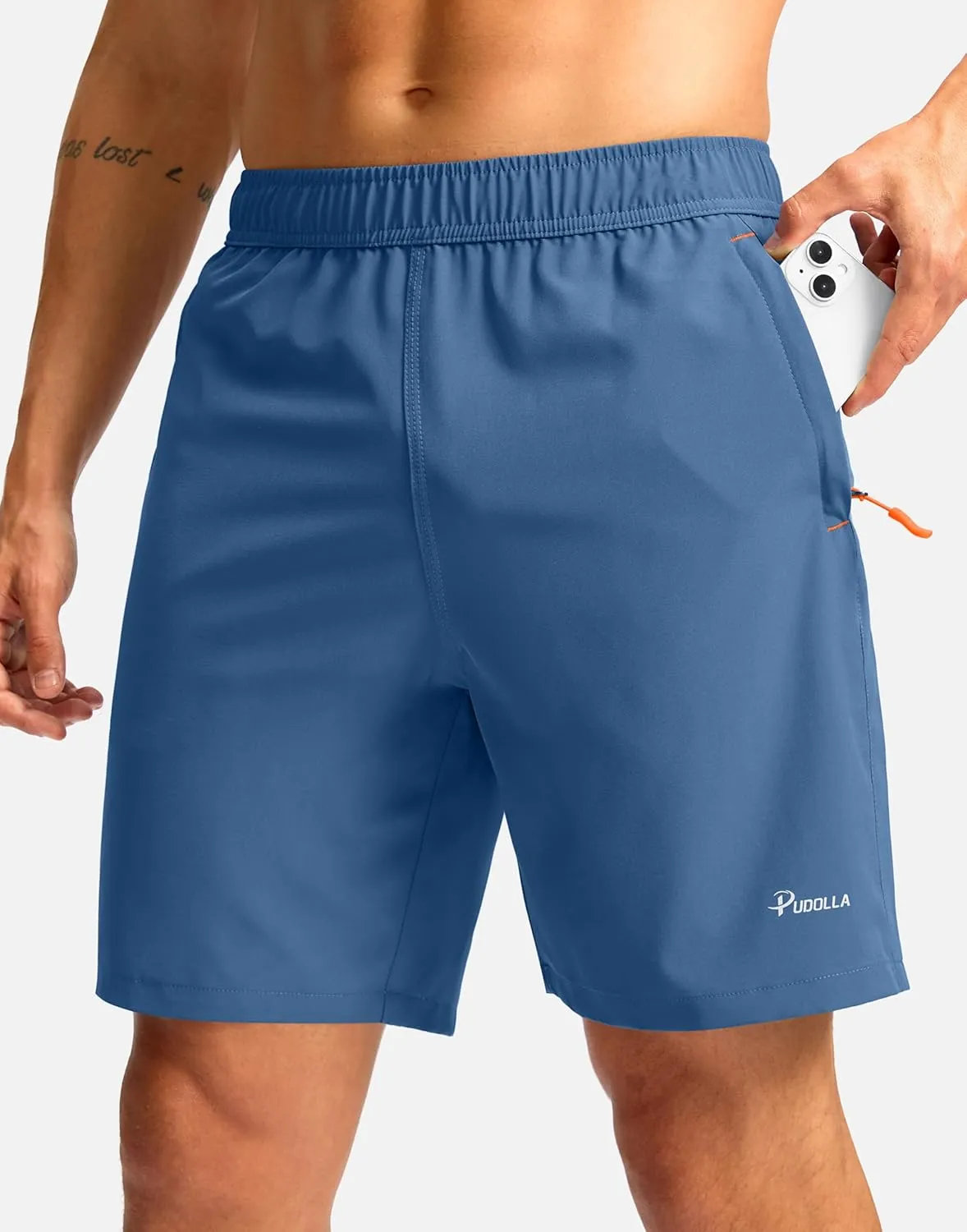 Pudolla Men's Athletic Hiking Shorts Lightweight Workout Gym Shorts for Men Outdoor Casual Travel with 3 Zipper Pockets