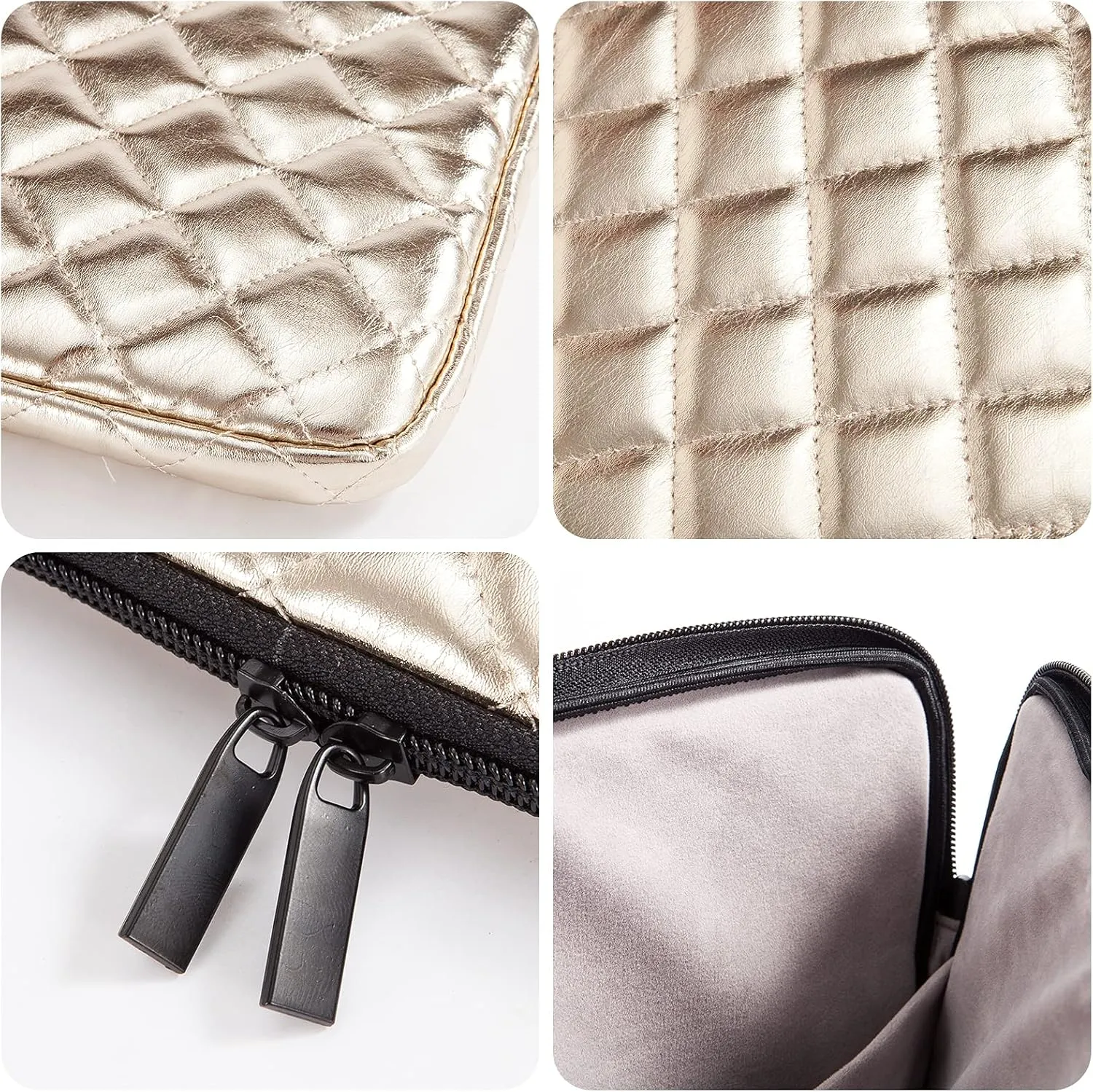 Puffy Laptop Sleeve 11 12 13 13.3 14 15 15.6 inch Case Protective Bag Quilted PU Leather Smooth Zipper Velvet Lined Padded Holder with Pocket