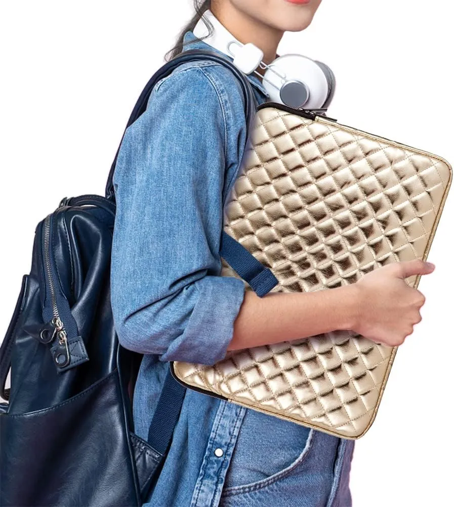 Puffy Laptop Sleeve 11 12 13 13.3 14 15 15.6 inch Case Protective Bag Quilted PU Leather Smooth Zipper Velvet Lined Padded Holder with Pocket