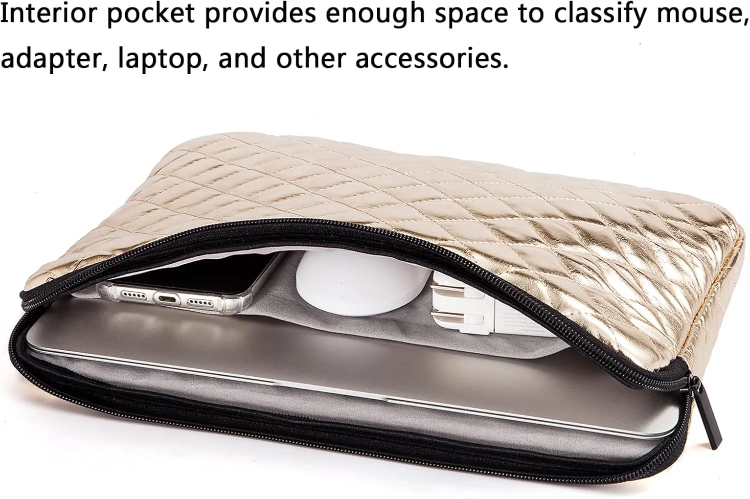 Puffy Laptop Sleeve 11 12 13 13.3 14 15 15.6 inch Case Protective Bag Quilted PU Leather Smooth Zipper Velvet Lined Padded Holder with Pocket