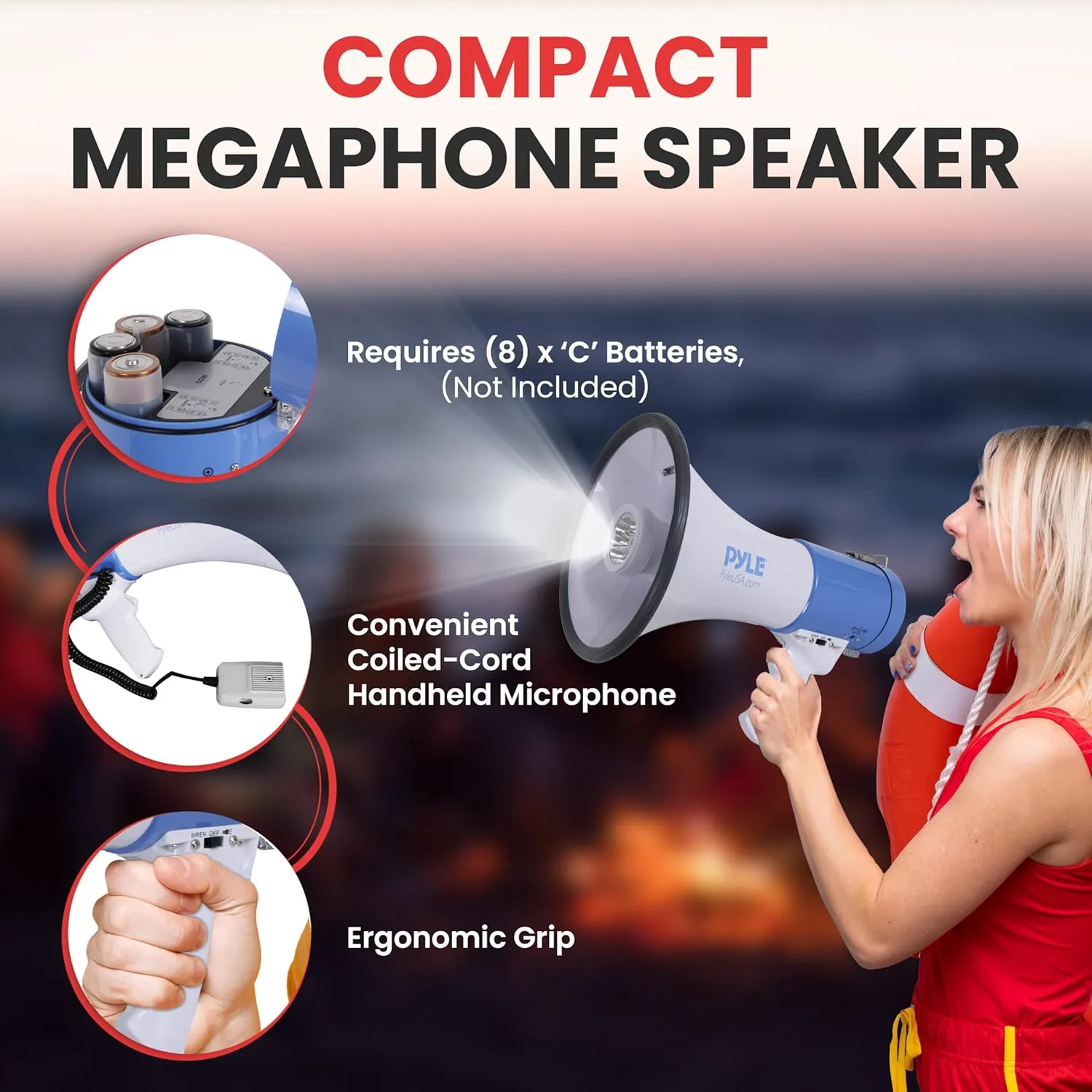 PylePyle Portable Megaphone Bullhorn Speaker - 50W, 1200 Yard Range, Built-in Siren, Adjustable Volume Control and Microphone, Perfect for Outdoor Sports, Cheerleading, Safety Drills, and More