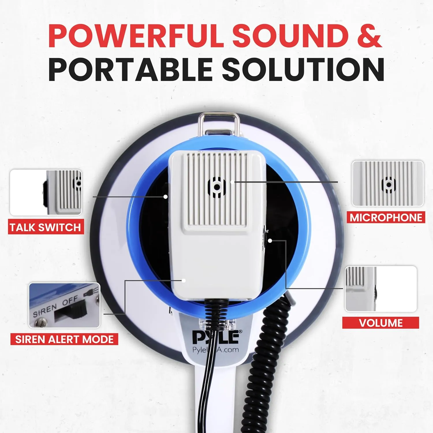 PylePyle Portable Megaphone Bullhorn Speaker - 50W, 1200 Yard Range, Built-in Siren, Adjustable Volume Control and Microphone, Perfect for Outdoor Sports, Cheerleading, Safety Drills, and More