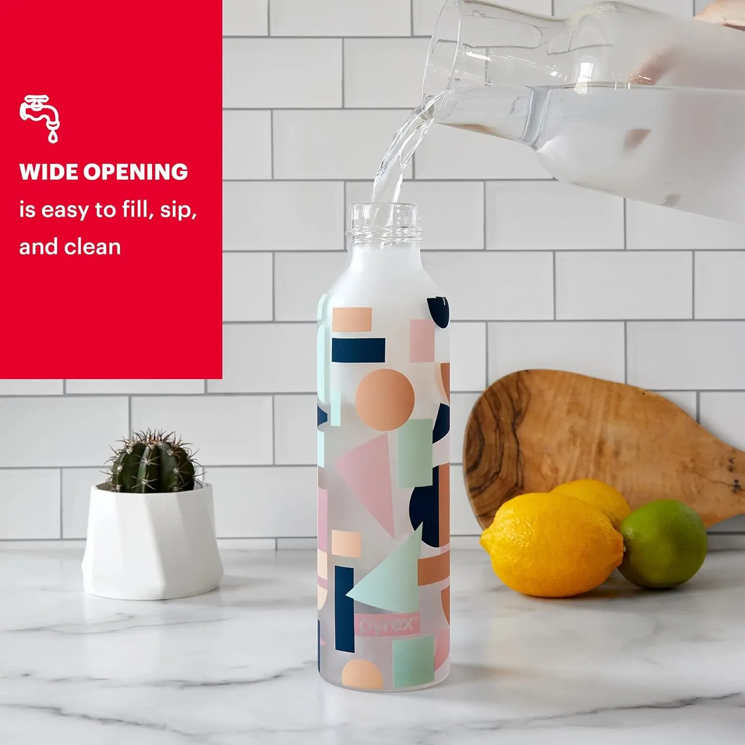 Pyrex 17.5-Oz Color Changing Glass Water Bottle with Silicone Coating, Leakproof and Textured Glass Reusable Water Bottle, Eco-Friendly, BPA-Free Silicone Coating, Abstract Motion