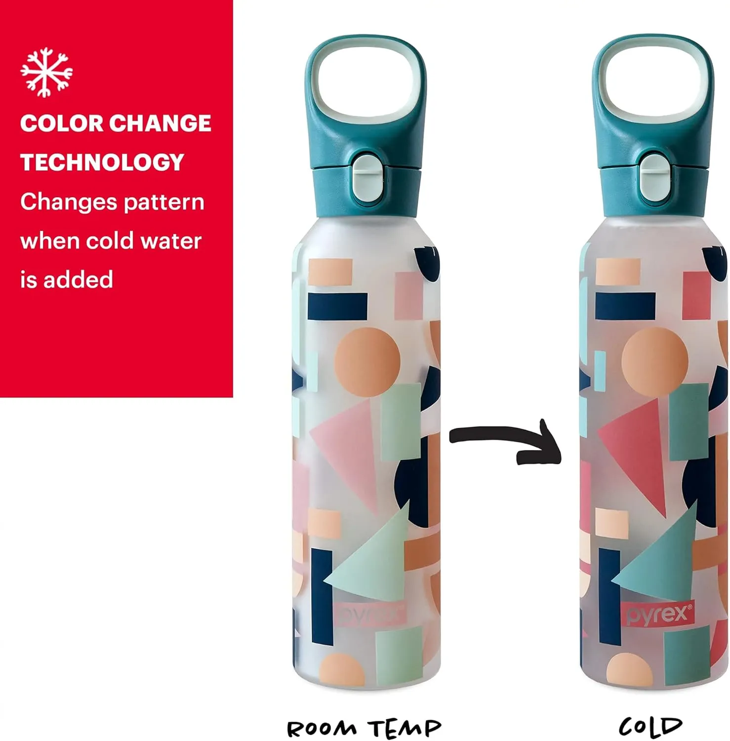 Pyrex 17.5-Oz Color Changing Glass Water Bottle with Silicone Coating, Leakproof and Textured Glass Reusable Water Bottle, Eco-Friendly, BPA-Free Silicone Coating, Abstract Motion