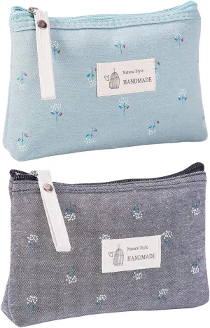 Qikuver Canvas Cosmetic Bags, 2 Pieces Cosmetic Bags for Women, Makeup bag Cute Cosmetic Bag Organizer Small Mini Makeup Pouch for Purse Toiletry Bag