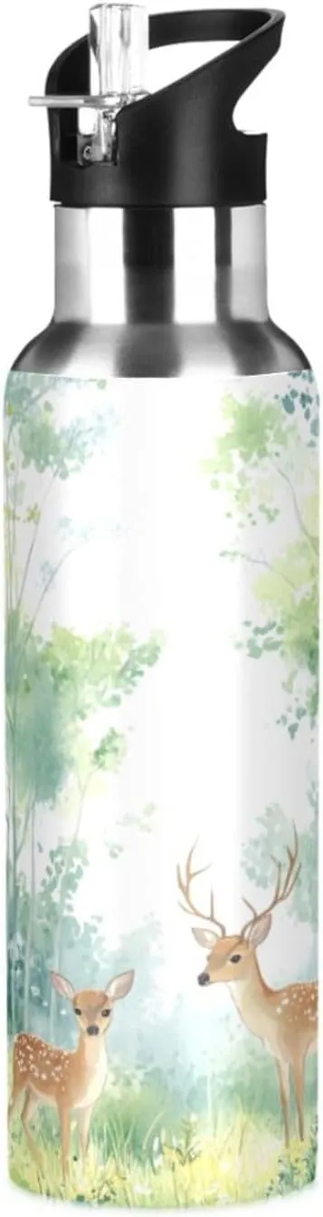 Qilmy Beautiful Forest Deer Sport Water Bottle with Straw Lid Double Wall Vacuum Insulated Flask Stainless Steel Water Bottle 20 oz