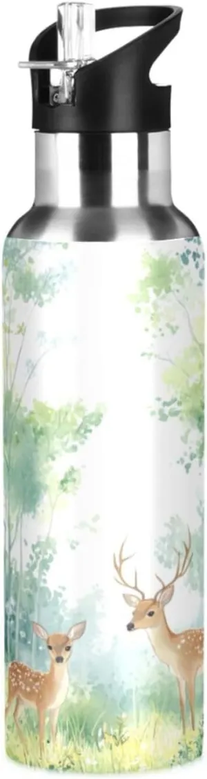 Qilmy Beautiful Forest Deer Sport Water Bottle with Straw Lid Double Wall Vacuum Insulated Flask Stainless Steel Water Bottle 20 oz