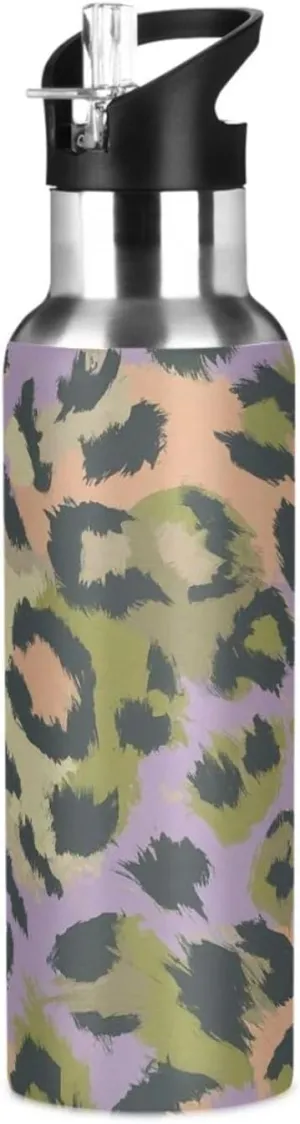 Qilmy Camouflage Leopard Print Sport Water Bottle with Straw Lid Double Wall Vacuum Insulated Flask Stainless Steel Water Bottle 20 oz