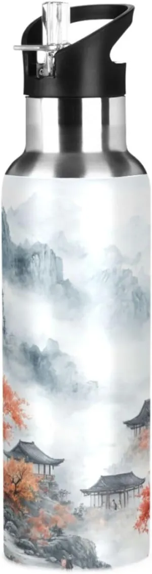 Qilmy Chinese Landscape Painting Sport Water Bottle with Straw Lid Double Wall Vacuum Insulated Flask Stainless Steel Water Bottle 20 oz