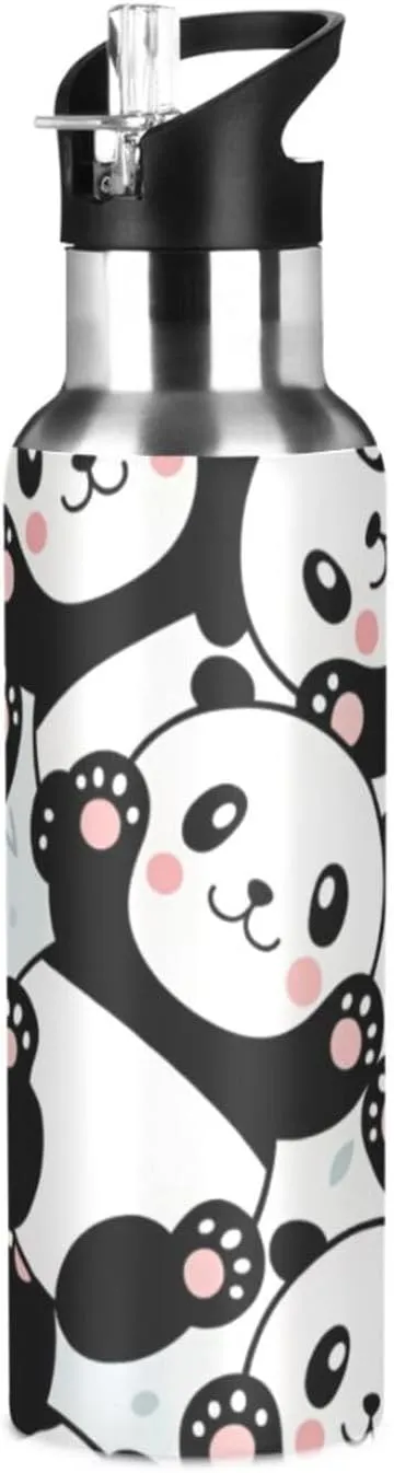 Qilmy Cute Cartoon Panda Sport Water Bottle with Straw Lid Double Wall Vacuum Insulated Flask Stainless Steel Water Bottle 20 oz
