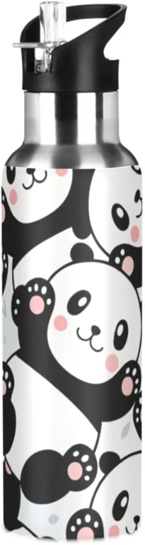 Qilmy Cute Cartoon Panda Sport Water Bottle with Straw Lid Double Wall Vacuum Insulated Flask Stainless Steel Water Bottle 20 oz