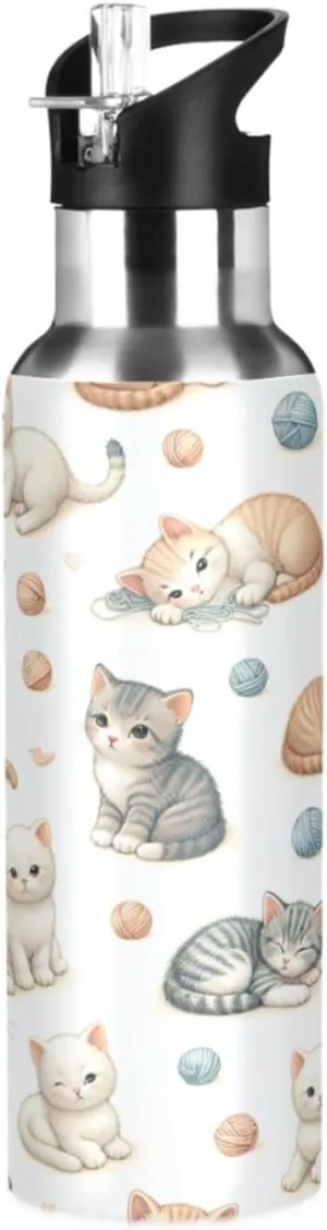 Qilmy Cute Cats Sport Water Bottle with Straw Lid Double Wall Vacuum Insulated Flask Stainless Steel Water Bottle 20 oz