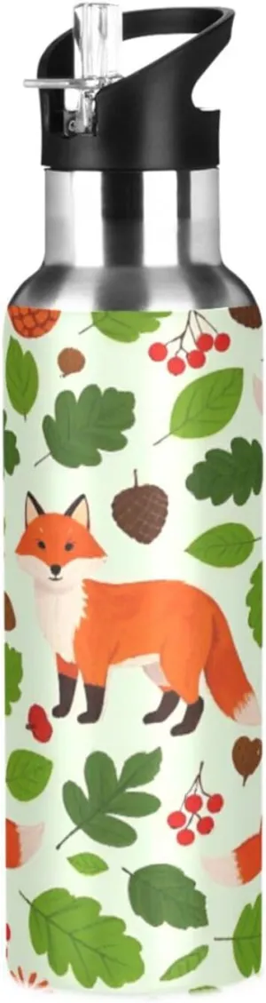 Qilmy Cute Fox Sport Water Bottle with Straw Lid Double Wall Vacuum Insulated Flask Stainless Steel Water Bottle 20 oz