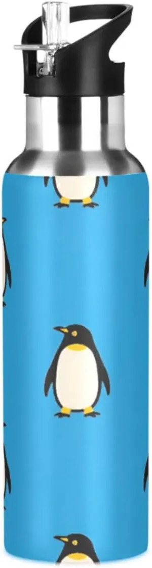 Qilmy Cute Penguin Sport Water Bottle with Straw Lid Double Wall Vacuum Insulated Flask Stainless Steel Water Bottle 20 oz