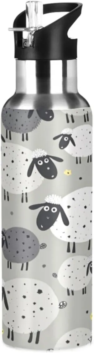 Qilmy Cute Sheep Sport Water Bottle with Straw Lid Double Wall Vacuum Insulated Flask Stainless Steel Water Bottle 20 oz