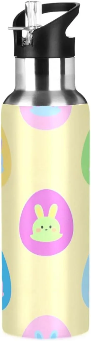 Qilmy Easter Bunny Eggs Sport Water Bottle with Straw Lid Double Wall Vacuum Insulated Flask Stainless Steel Water Bottle 20 oz