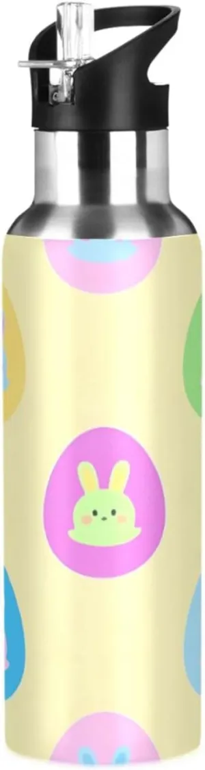 Qilmy Easter Bunny Eggs Sport Water Bottle with Straw Lid Double Wall Vacuum Insulated Flask Stainless Steel Water Bottle 20 oz