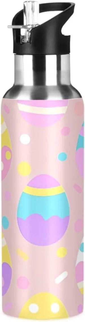 Qilmy Easter Eggs Sport Water Bottle with Straw Lid Double Wall Vacuum Insulated Flask Stainless Steel Water Bottle 20 oz