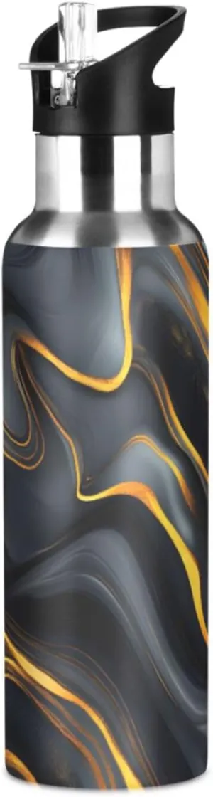 Qilmy Gold Black Marble Pattern Sport Water Bottle with Straw Lid Double Wall Vacuum Insulated Flask Stainless Steel Water Bottle 20 oz