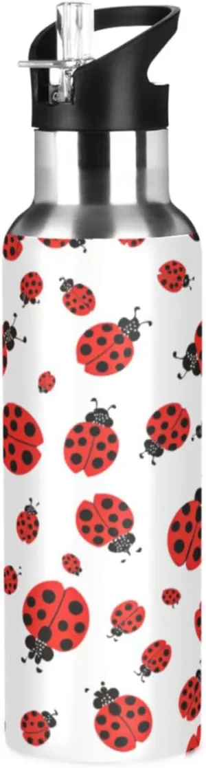 Qilmy Little Bug Sport Water Bottle with Straw Lid Double Wall Vacuum Insulated Flask Stainless Steel Water Bottle 20 oz