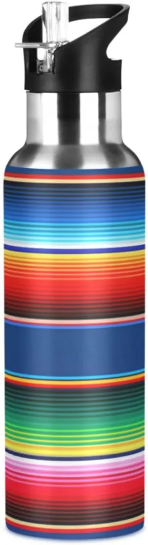 Qilmy Mexican Serape Stripes Sport Water Bottle with Straw Lid Double Wall Vacuum Insulated Flask Stainless Steel Water Bottle 20 oz