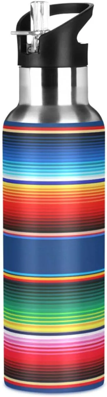 Qilmy Mexican Serape Stripes Sport Water Bottle with Straw Lid Double Wall Vacuum Insulated Flask Stainless Steel Water Bottle 20 oz