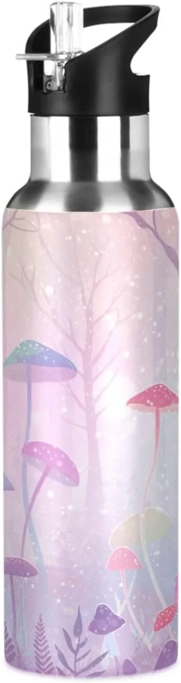 Qilmy Mushroom Sport Water Bottle with Straw Lid Double Wall Vacuum Insulated Flask Stainless Steel Water Bottle 20 oz