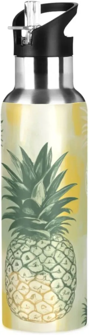 Qilmy Pineapple Pattern Sport Water Bottle with Straw Lid Double Wall Vacuum Insulated Flask Stainless Steel Water Bottle 20 oz