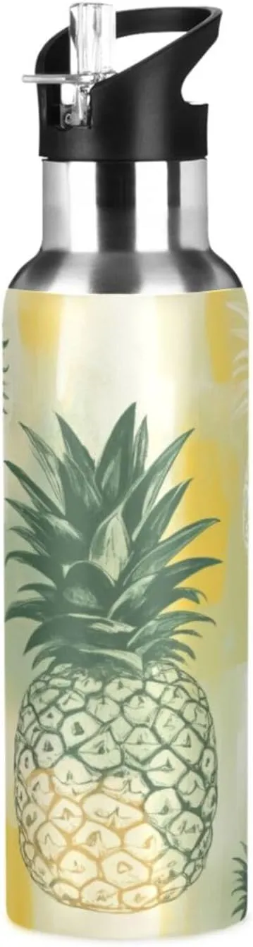 Qilmy Pineapple Pattern Sport Water Bottle with Straw Lid Double Wall Vacuum Insulated Flask Stainless Steel Water Bottle 20 oz