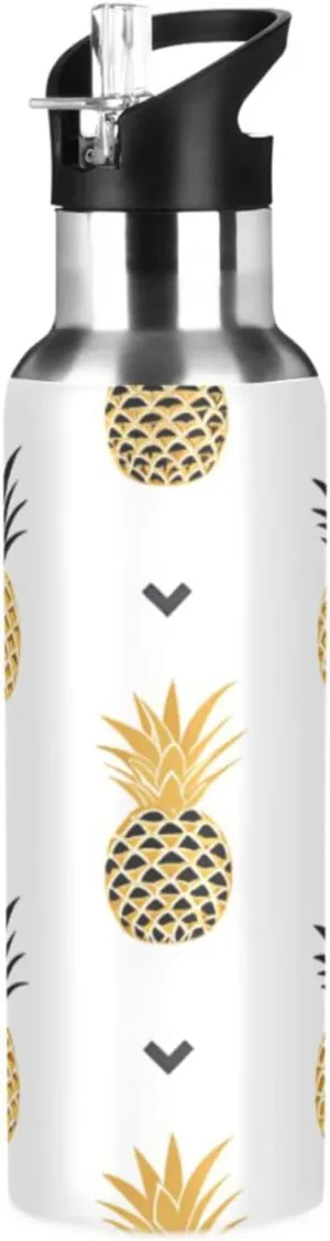 Qilmy Pineapple Sport Water Bottle with Straw Lid Double Wall Vacuum Insulated Flask Stainless Steel Water Bottle 20 oz