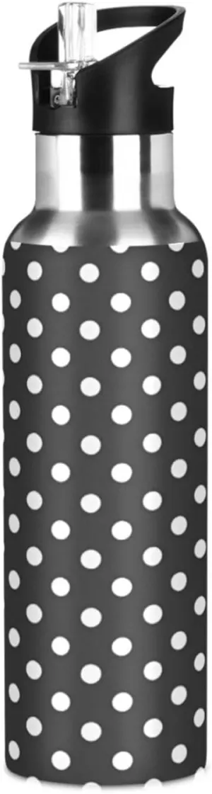 Qilmy Polka Dot Sport Water Bottle with Straw Lid Double Wall Vacuum Insulated Flask Stainless Steel Water Bottle 20 oz