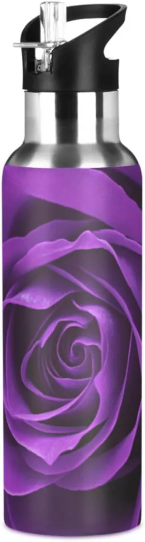 Qilmy Purple Rose Sport Water Bottle with Straw Lid Double Wall Vacuum Insulated Flask Stainless Steel Water Bottle 20 oz
