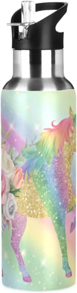 Qilmy Rainbow Horse Sport Water Bottle with Straw Lid Double Wall Vacuum Insulated Flask Stainless Steel Water Bottle 20 oz